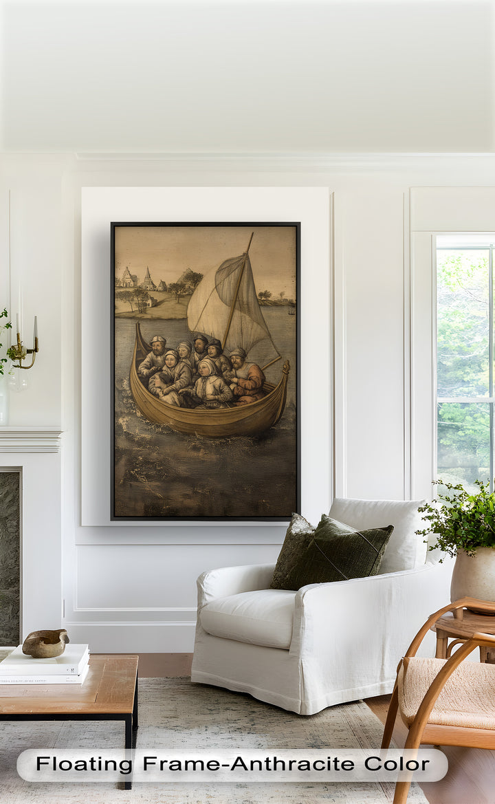 Medieval Sailors in Wooden Vessel - Historic Oil Painting
