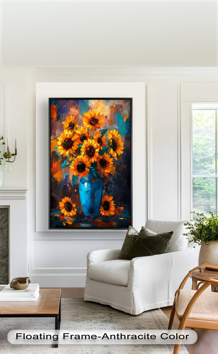 Sunlit Joy – Bold Sunflowers in Blue Vase Oil Painting