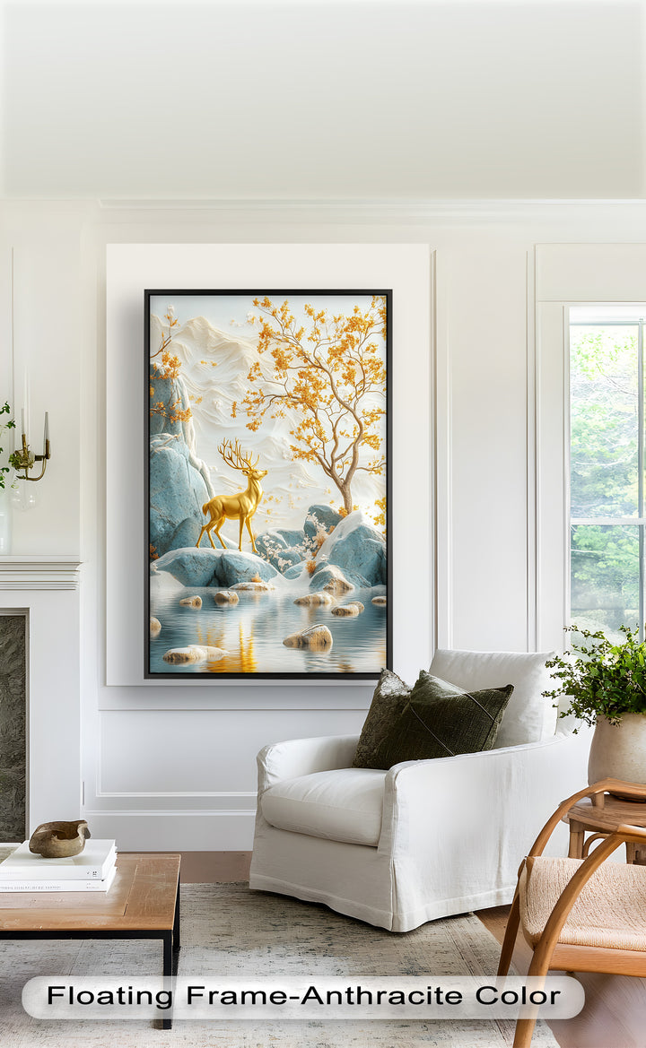 Golden Deer in Snowy Mountain - Animal Oil Painting