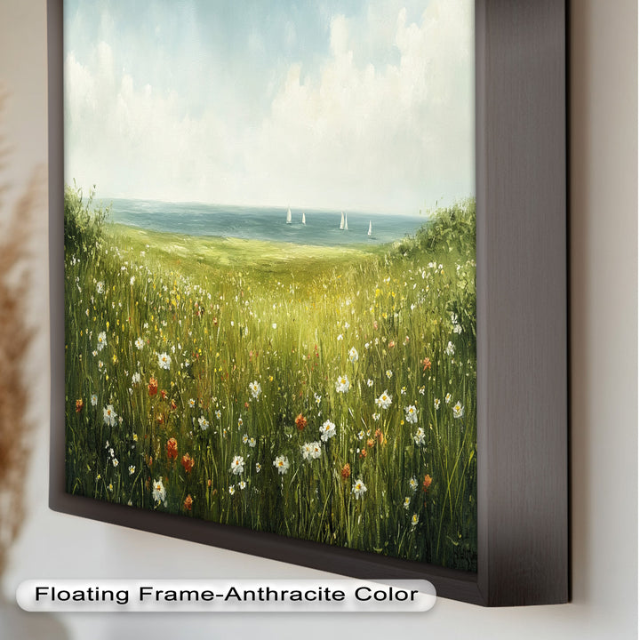 Wildflower Meadow Sea View Wall Art–Coastal Oil Painting