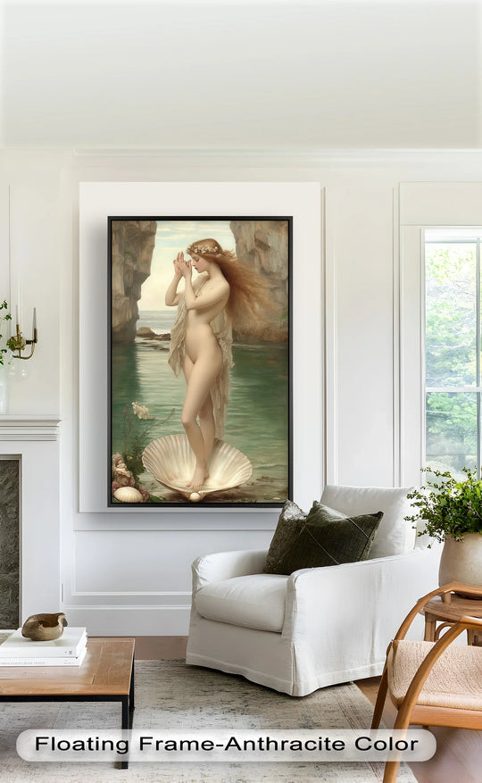 Framed oil painting artwork featuring sharp rectangular framing contrasts with the fluid, curved lines of Venus and her shell against a hazy, geometric backdrop.