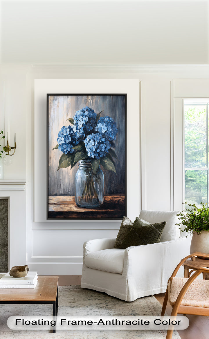 Blaue Gelassenheit – Hortensienblüten im Einmachglas, Blumenölgemälde