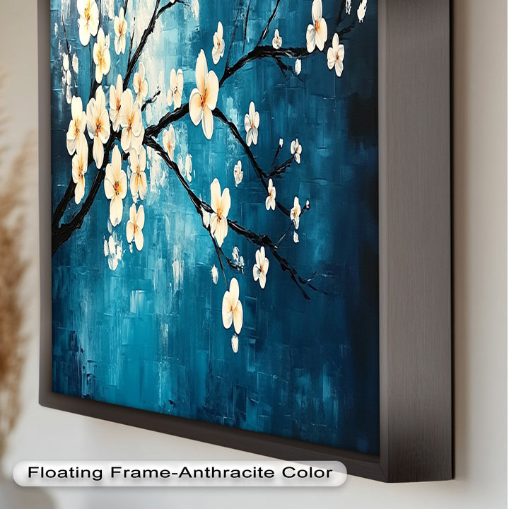 White Blossoms on Blue Wall Art – Floral Oil Painting