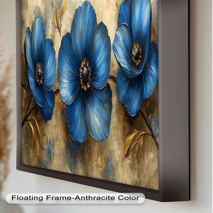 Golden Beige Elegance – Royal Blue Floral Trio Flower Oil Painting
