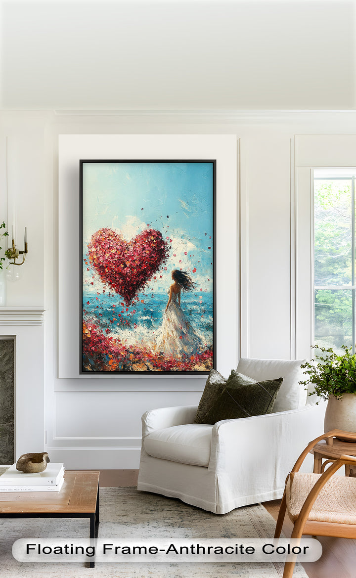 Woman with Heart-Shaped Petals Over the Sea - Love Oil Painting