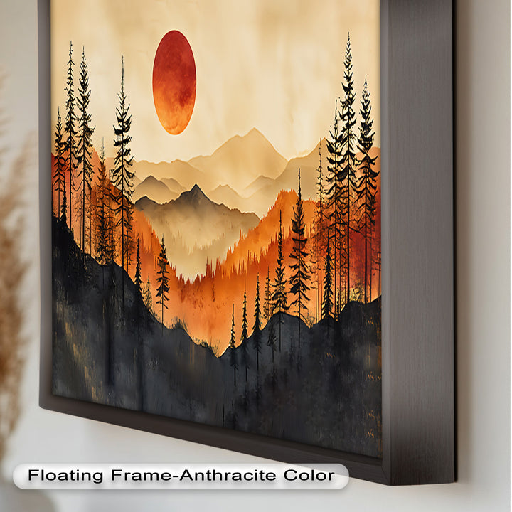 Red Sunset Landscape - Forest Oil Painting