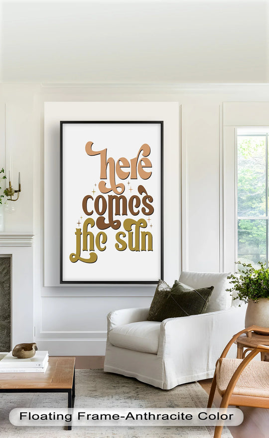 Textured surface reveals the hand-finished charm of this 'Here Comes the Sun' oil painting wall art, enriching its retro vibes and bold lettering.