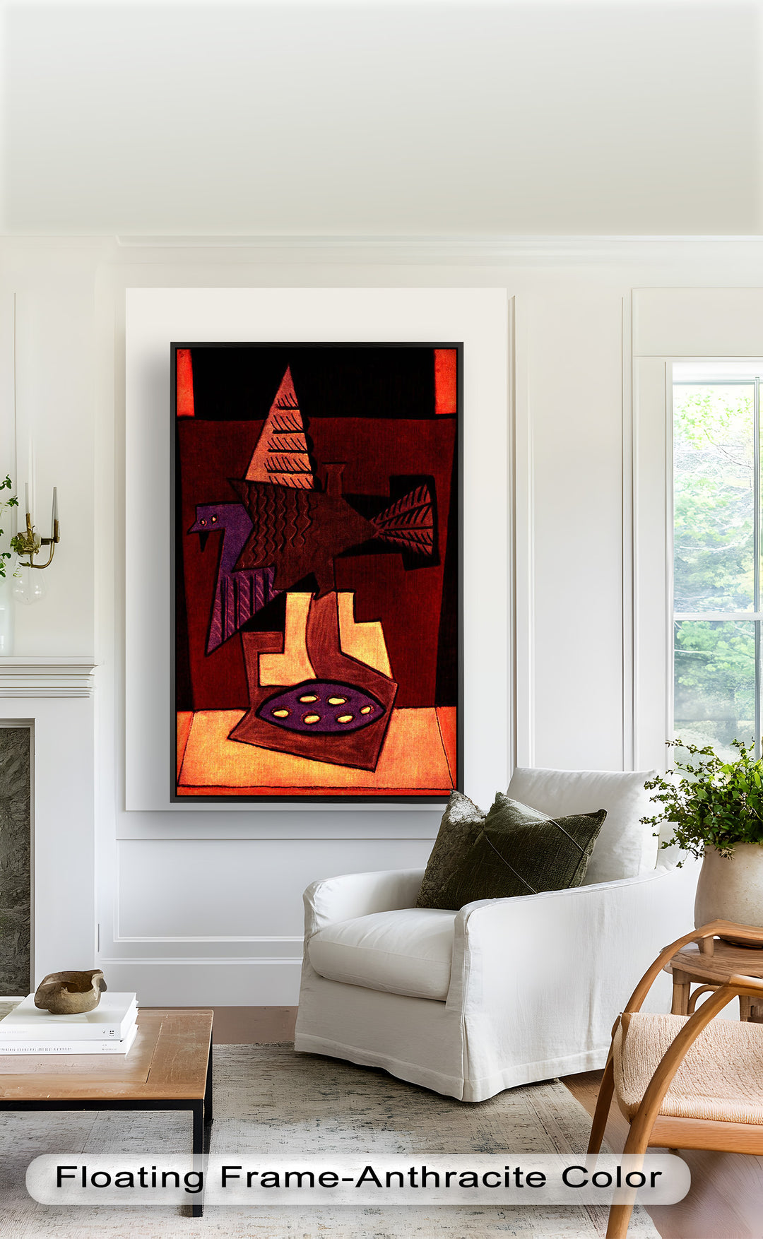 A stylized abstract painting of a bird in geometric shapes, with rich tones of burgundy, purple, and deep orange.

