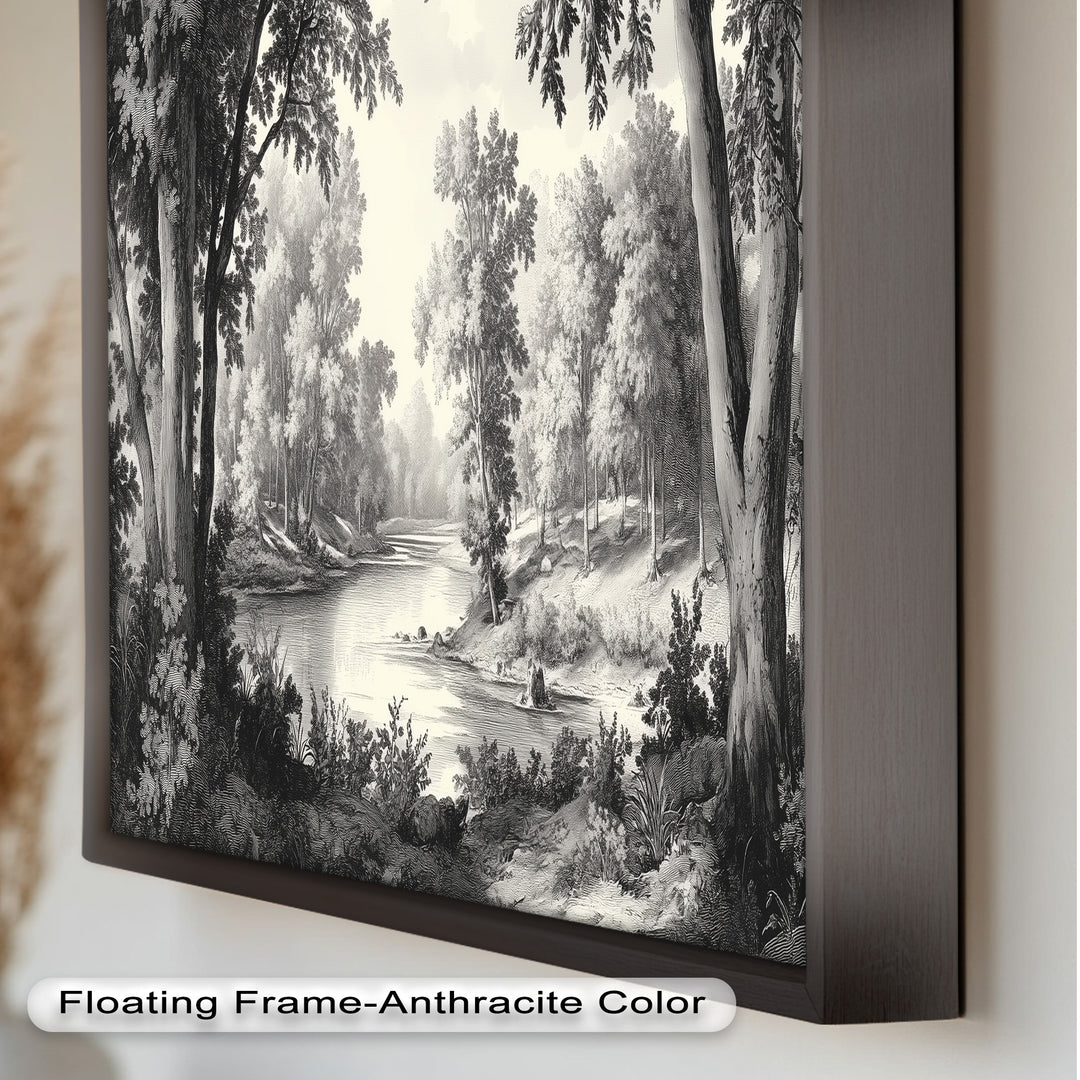 Zeitloser Waldfluss – Monochromes Landschaftsölgemälde