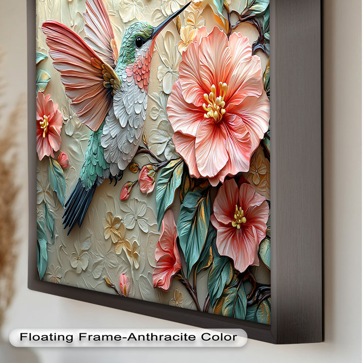 Spring Hummingbird with Pink Flowers – Framed Oil Painting