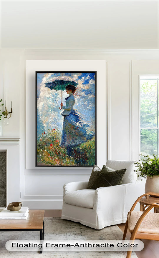 Masterful brushstrokes define this impressionist oil painting decoration, showcasing high-quality craftsmanship in a lady with umbrella wall art piece.