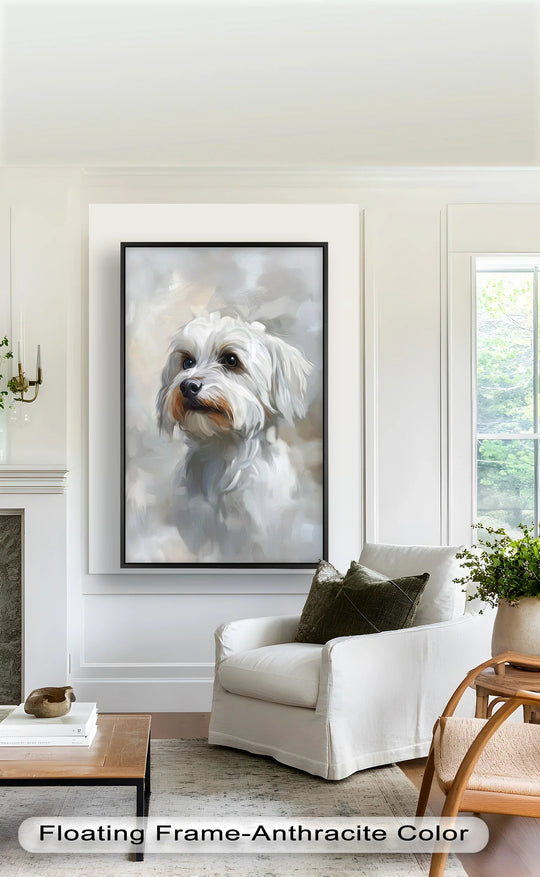Sharp color contrast defines this animal oil painting reproduction print, accentuating the snowy white fur of the Maltese in a striking portrait.