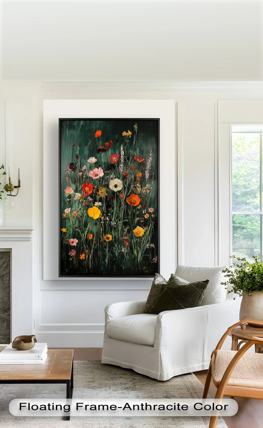 Vertical rectangular Wild Meadow Bloom colorful field flowers oil painting home decor features a vibrant artistic composition.