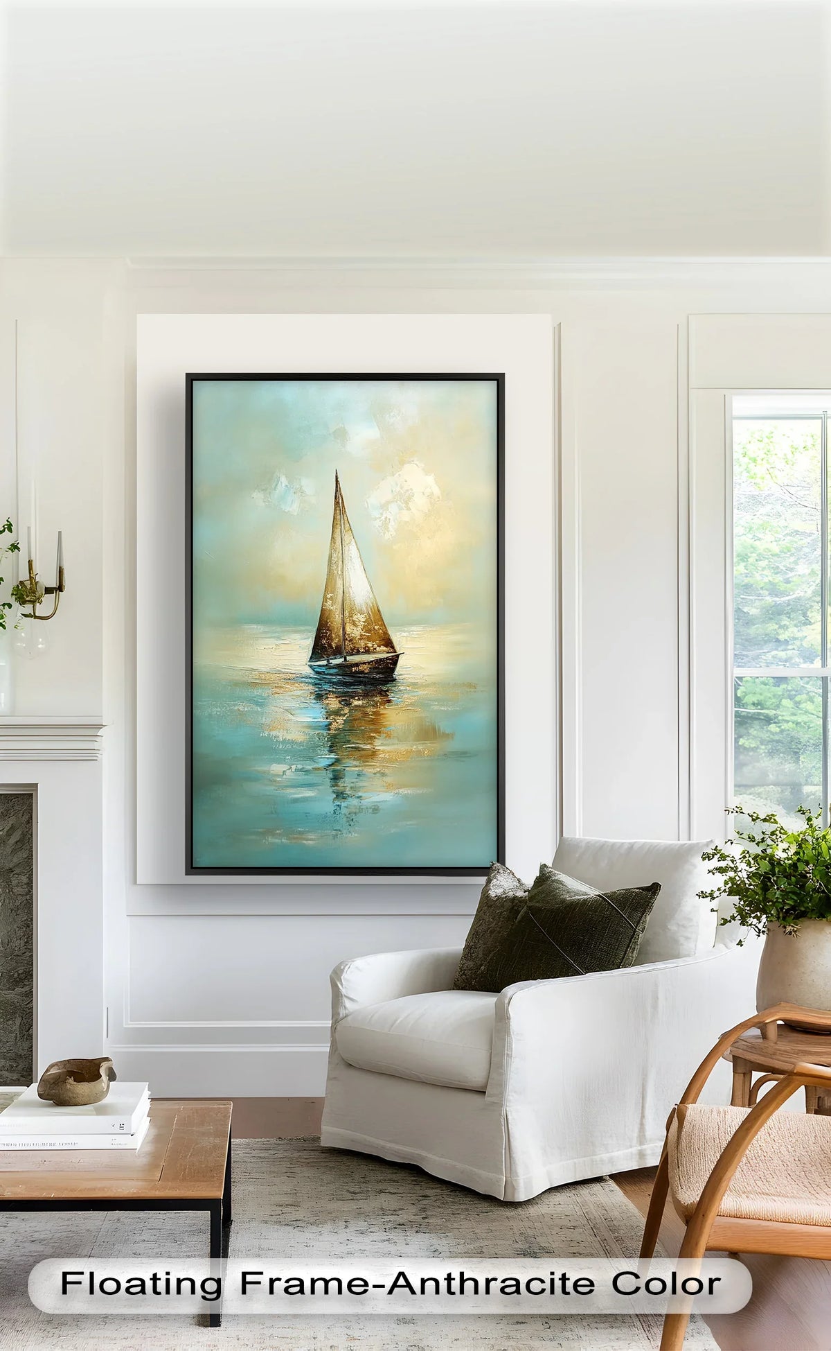 The anthracite-colored floating frame around this golden drift boat oil painting home decor art provides a sleek border, accentuating the serene sailboat painting within.