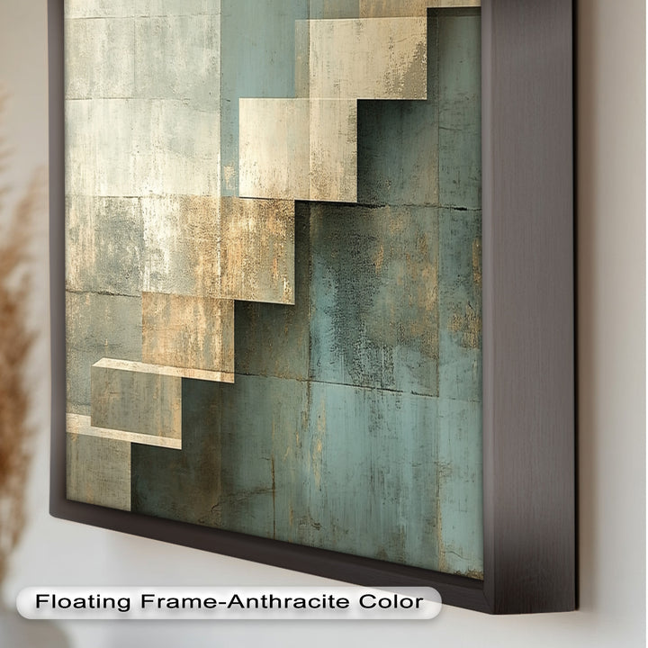 Geometrische Schritte Abstrakt – Blau &amp; Beige Modernes Ölgemälde