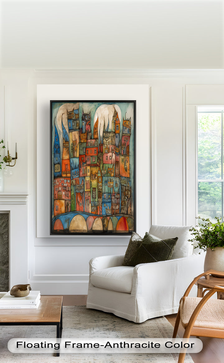Whimsical Cat Cityscape – Surreal Architecture and Feline Picasso Oil Painting