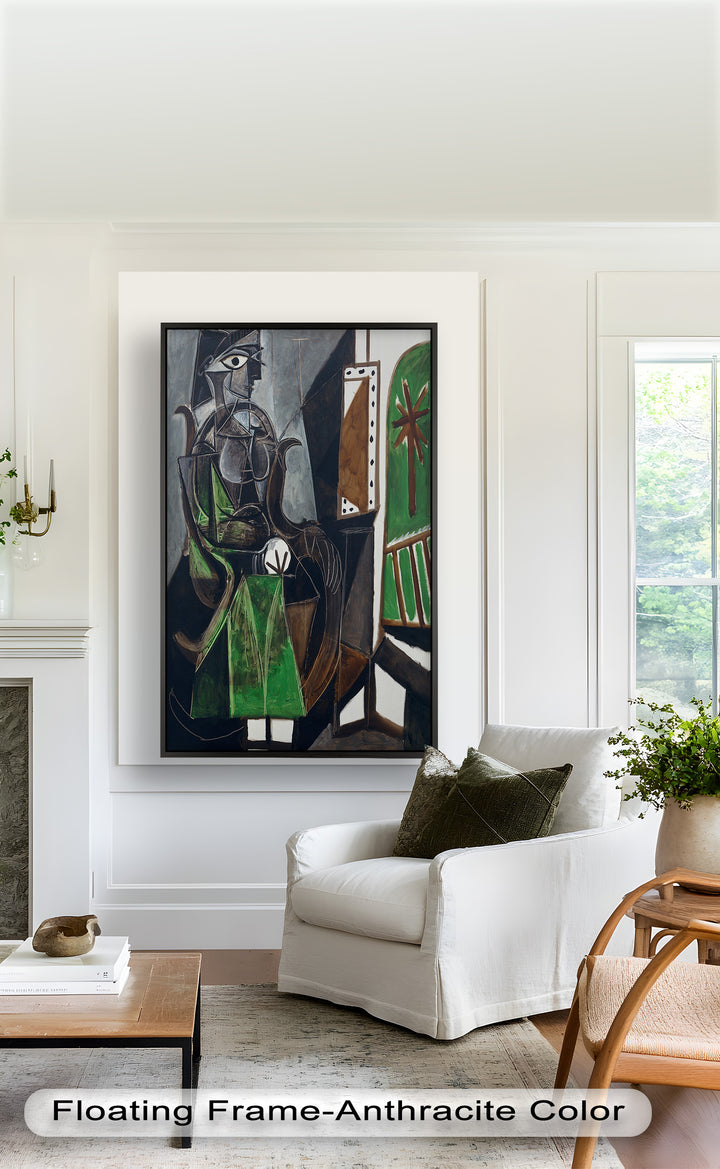Figure by the Window – Abstract Green Interior Picasso Oil Painting