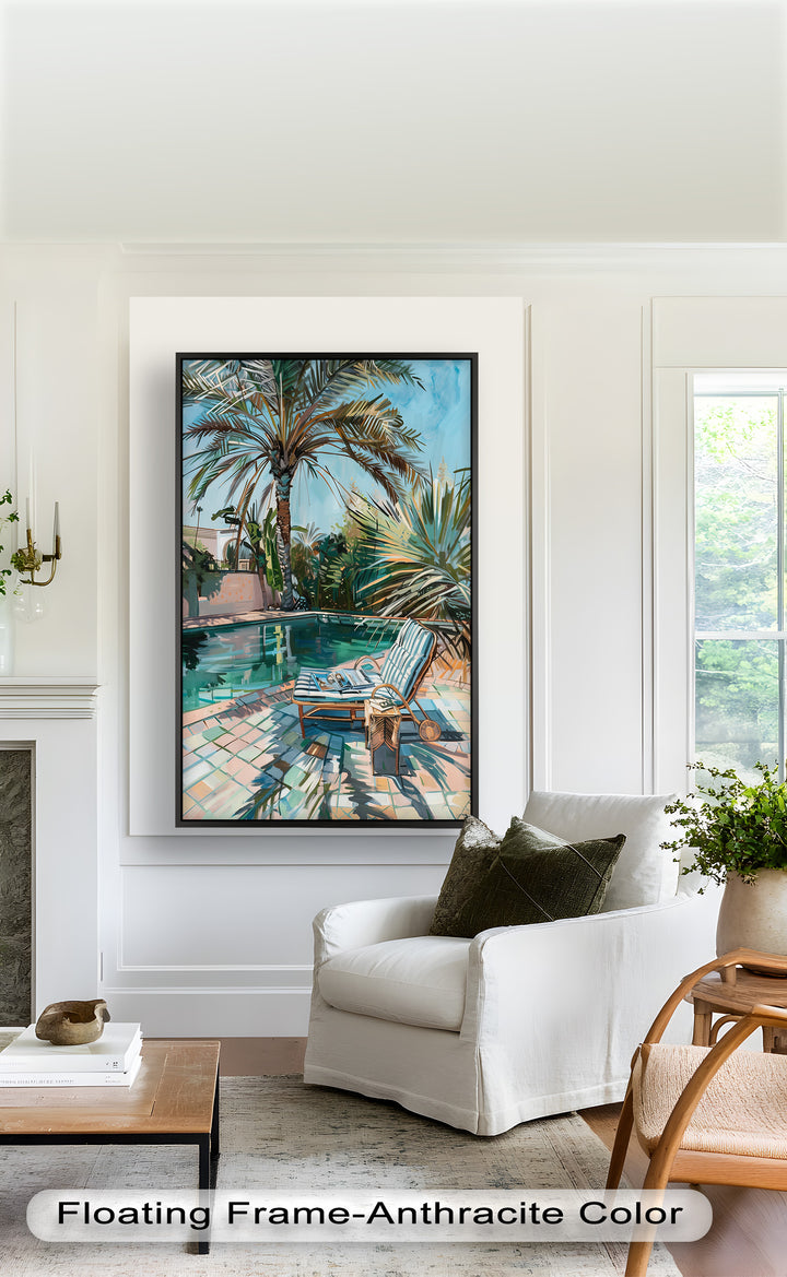 Poolside Palm Tree Escape – Tropical Oil Painting