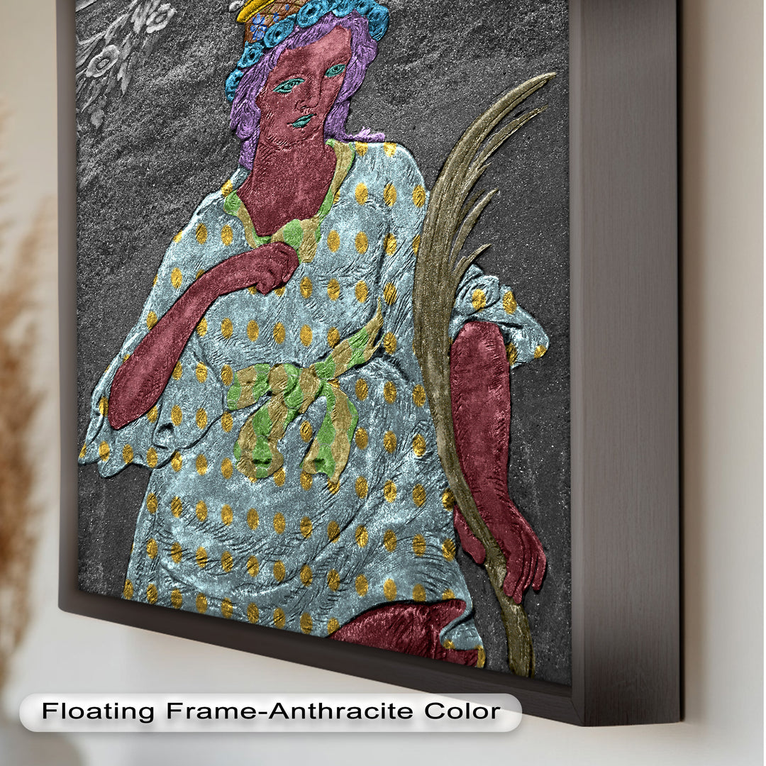 Geheiligte Blüte – Polychromes Engelrelief-Ölgemälde