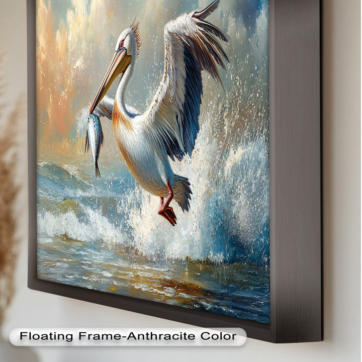 Pelican Catching Fish in Ocean Surf – Animal Oil Painting