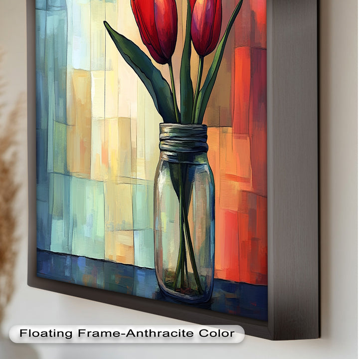 Red and Orange Tulips in Glass Vase – Bold Floral Oil Painting