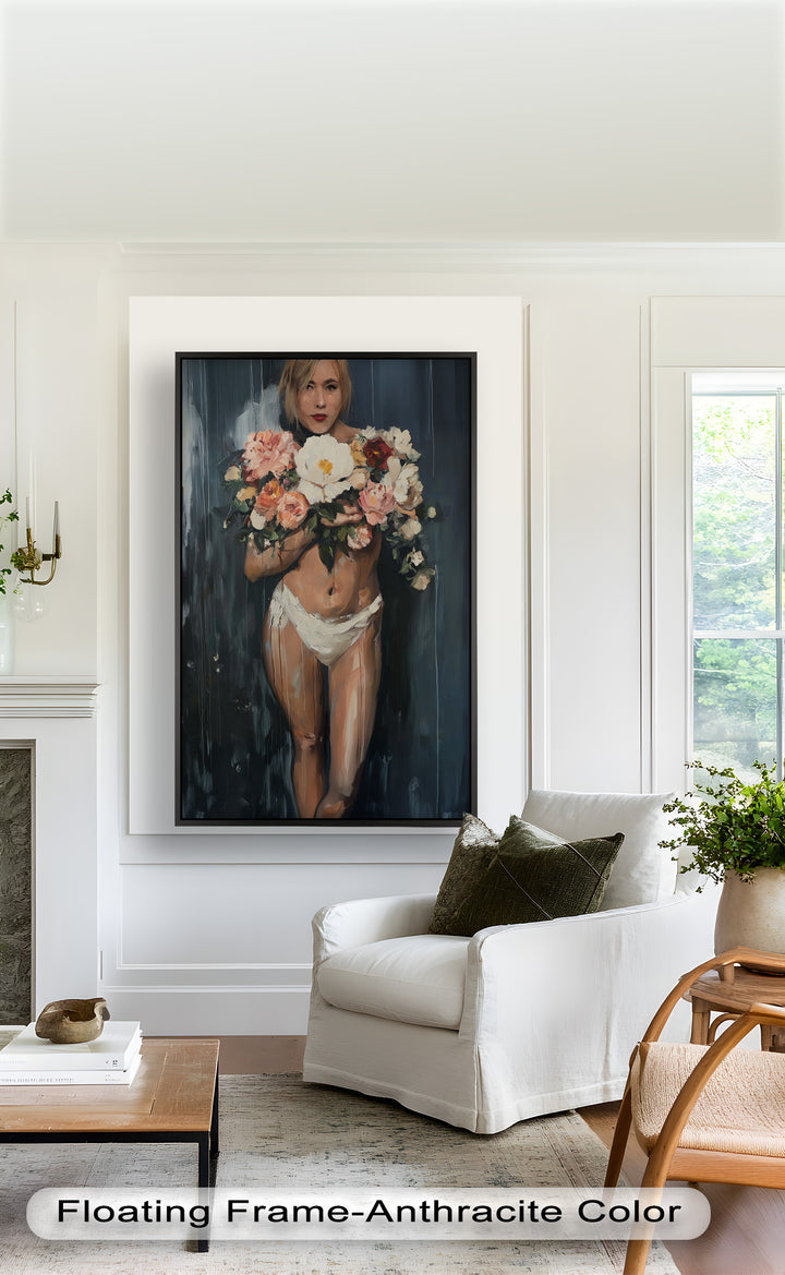 Floral Embrace – Abstract Nude with Blooming Bouquet Oil Painting