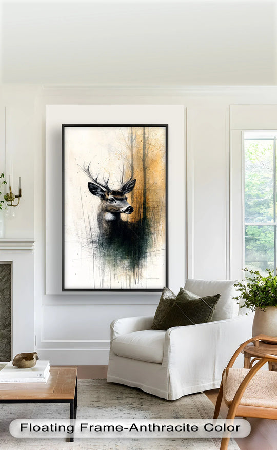 Light and shadow play across the majestic deer portrait, creating depth and highlighting the intricate details of this oil painting artwork.