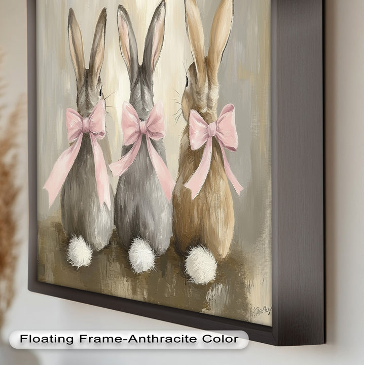Trio of Bunnies with Pink Bows – Animal Oil Painting