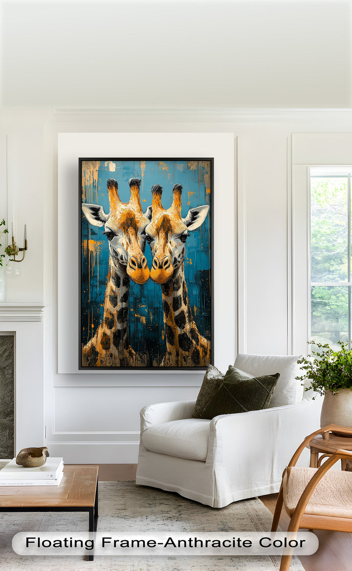 Zwei Giraffen in blauer abstrakter Harmonie - Tierölgemälde