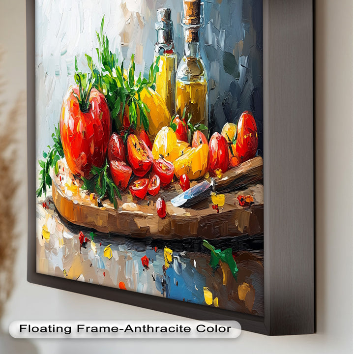 Tomato & Olive Oil Kitchen Art – Colorful Framed Oil Painting