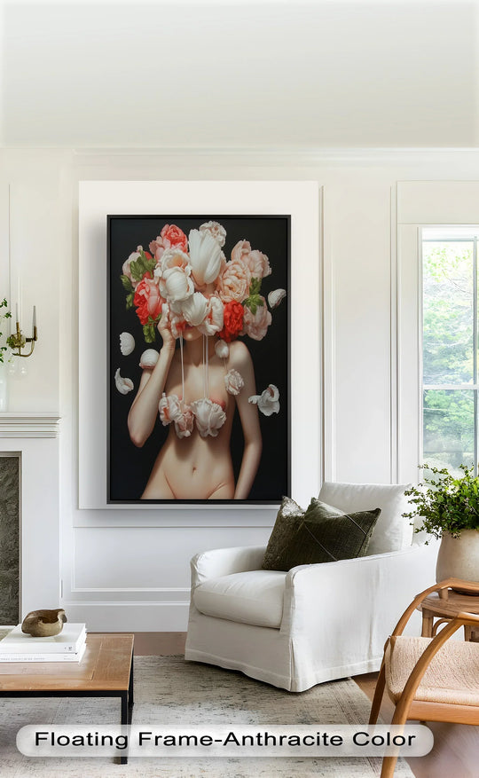 Rectangular oil painting art prints depict a surreal nude figure adorned with cascading floral geometric elements, framed within a stark black border and bright white architectural lines.