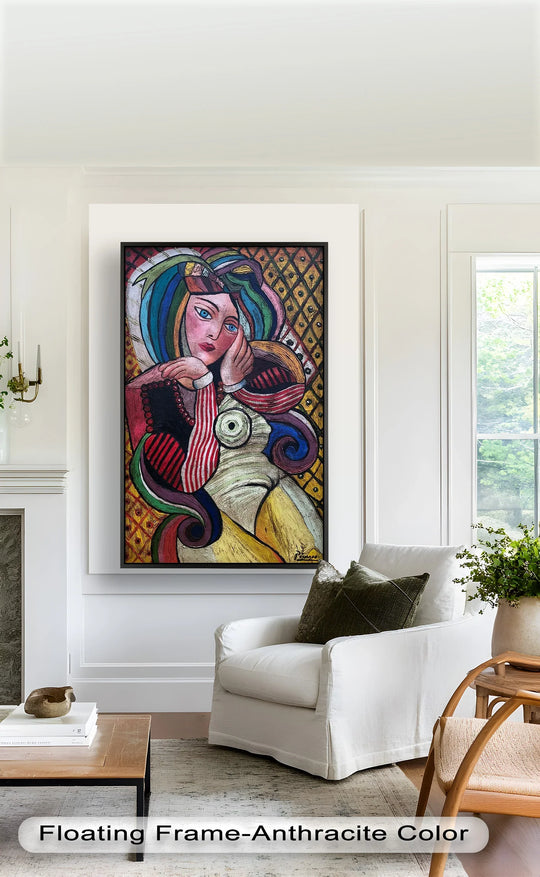 Striking shades and bold lines define this cubist woman portrait, a captivating oil painting art prints showcasing melancholy in vibrant stripes reminiscent of Picasso.