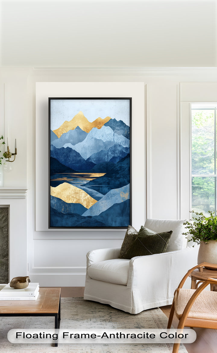 Golden Horizon – Abstract Blue Mountain Landscape Oil Painting