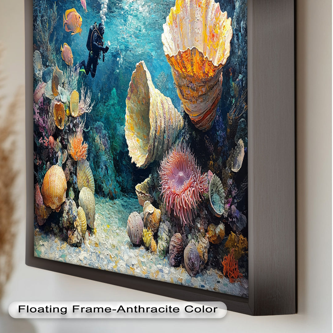 Diver Exploring Coral Reefs with Giant Shells - Animal Oil Painting