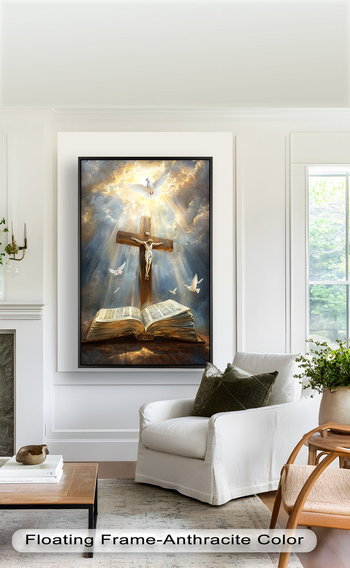 Jesus on the Cross with Open Bible and Doves - Oil Painting