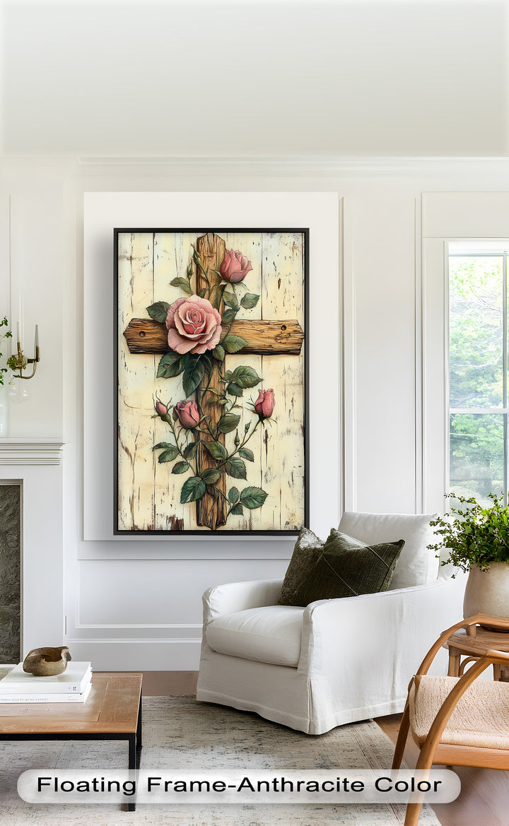Rosen der Gnade – Religiöses Ölgemälde mit Kreuz und Blume