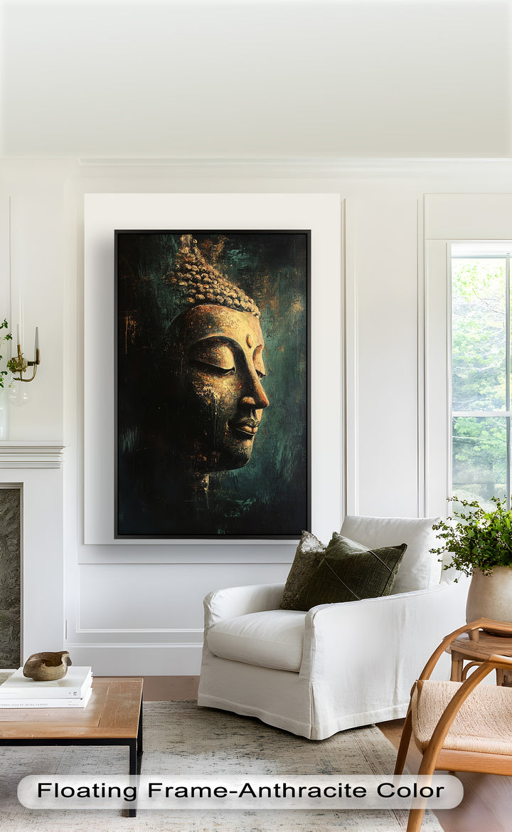 A spiritual portrait of Buddha with closed eyes and a gentle expression, rendered in earthy tones and deep shadows.