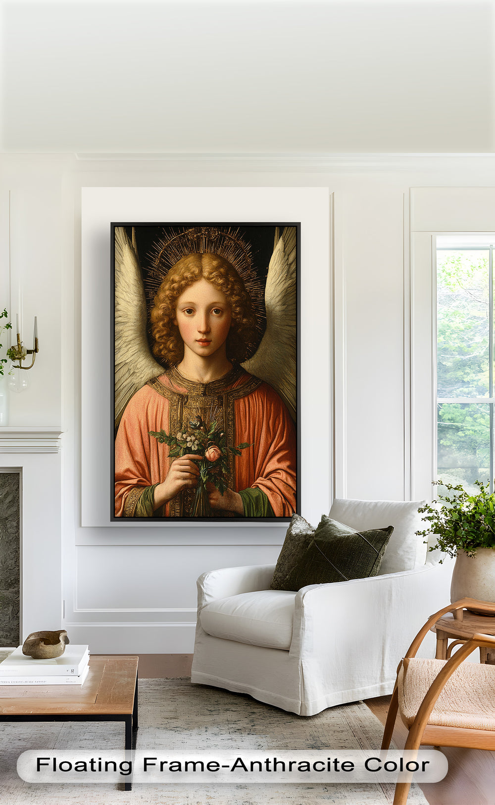 A divine figure with a gentle expression, dressed in flowing robes and crowned with a glowing halo, symbolizing peace and purity.