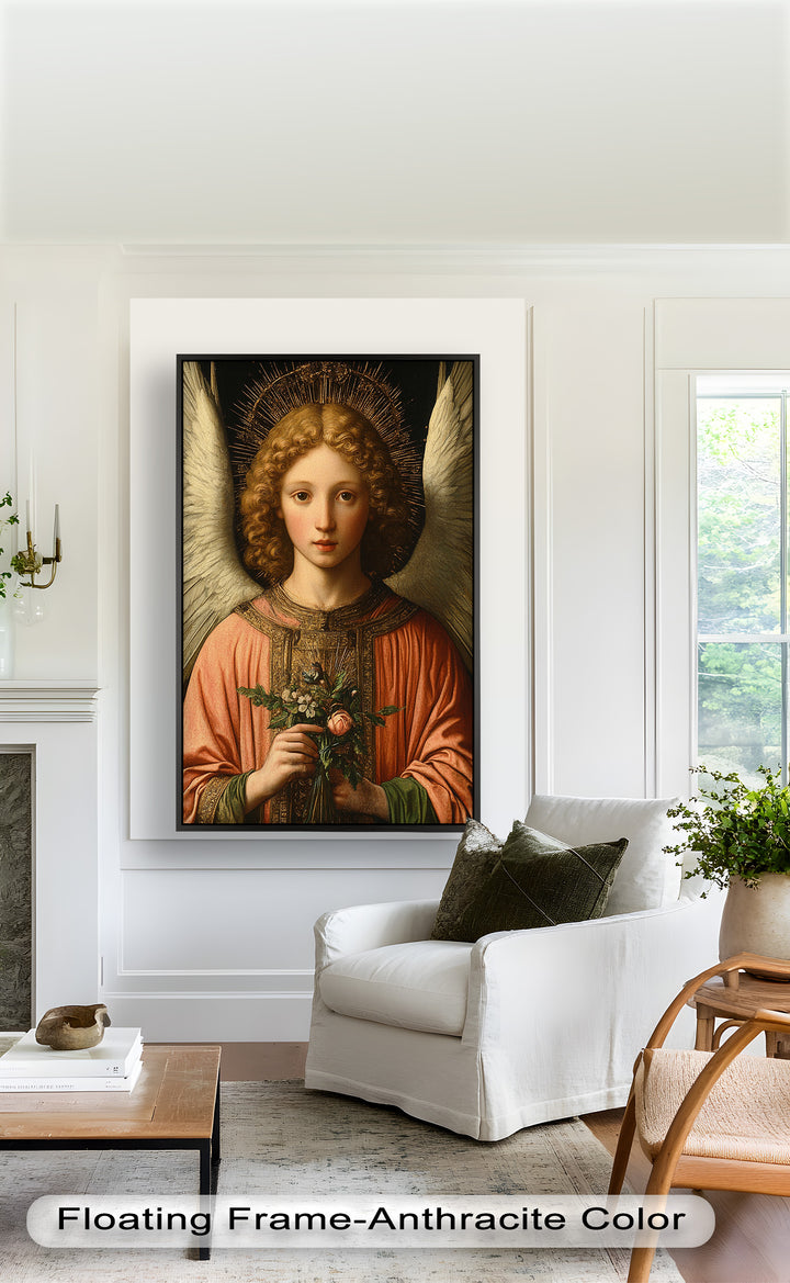 A divine figure with a gentle expression, dressed in flowing robes and crowned with a glowing halo, symbolizing peace and purity.