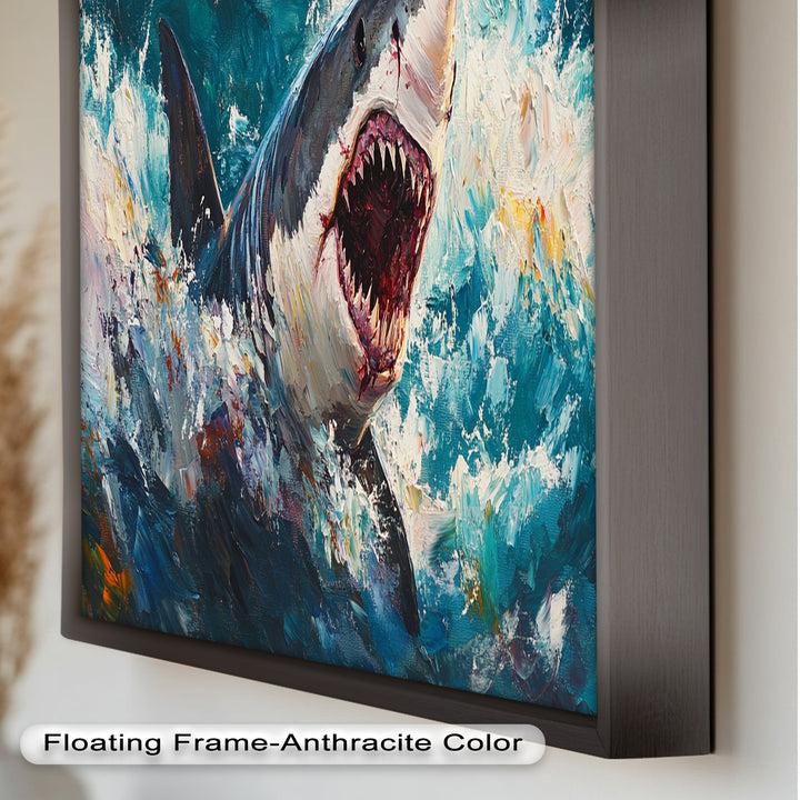 Ferocious Shark Emerging from Turbulent Waters – Animal Oil Painting