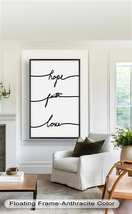 Highlighting the layering effect, the elegant 'Hope Faith Love' minimalist oil painting art piece features each word distinctively stacked for a visually inspiring presentation.