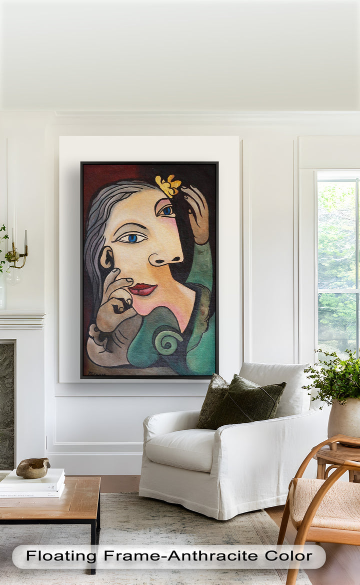 Whimsical Bloom – Surreale Frau mit gelber Blume Picasso Ölgemälde