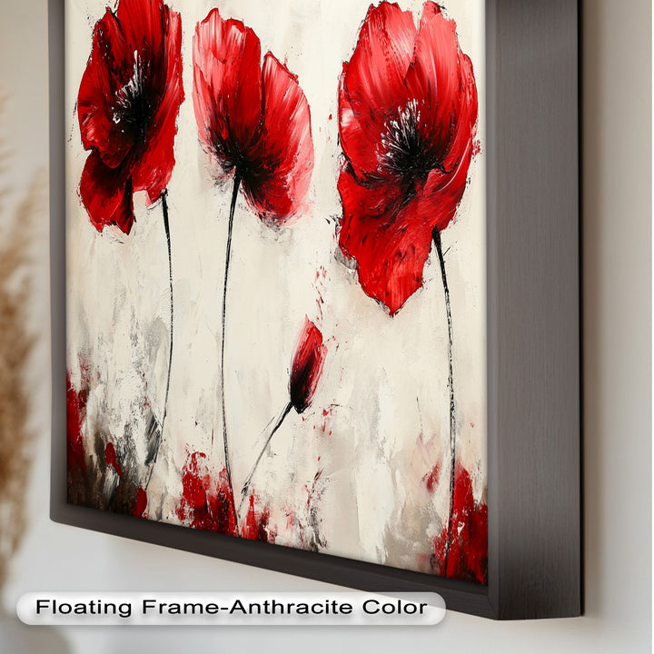 Crimson Elegance – Bold Red Poppies on Cream Flower Oil Painting