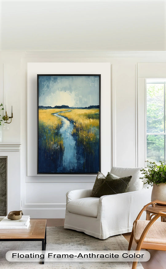 Vertical contemporary landscape oil painting artwork depicts golden fields and a blue stream, capturing the painting's shape and orientation.