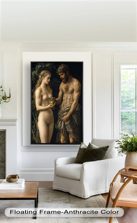 With muted color saturation, this Renaissance oil painting home decor features the First Temptation, a reproduction of Adam and Eve rendered in classical style.