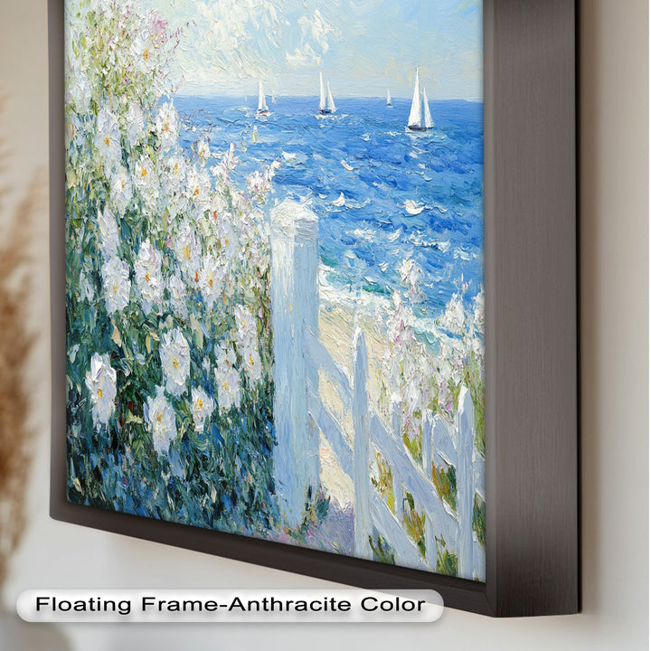 White Rose Garden with Sailboats – Impressionist Oil Painting