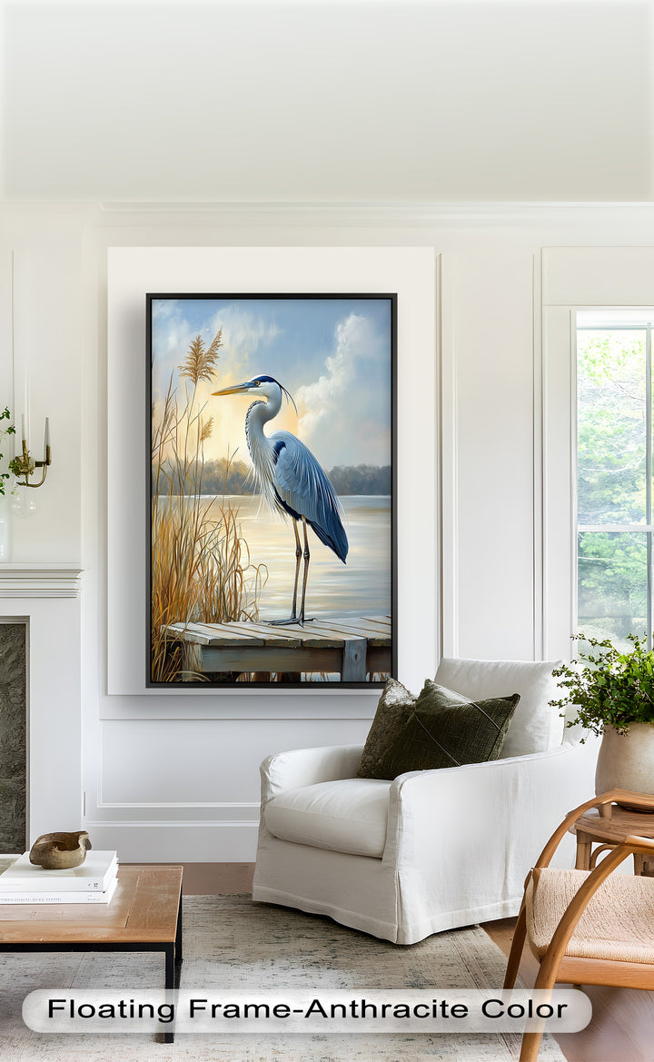 Majestic Heron in Misty Marshland - Animal Oil Painting