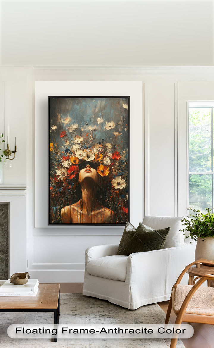 Floral Rebirth – Woman with Blossoming Crown Abstract Oil Painting