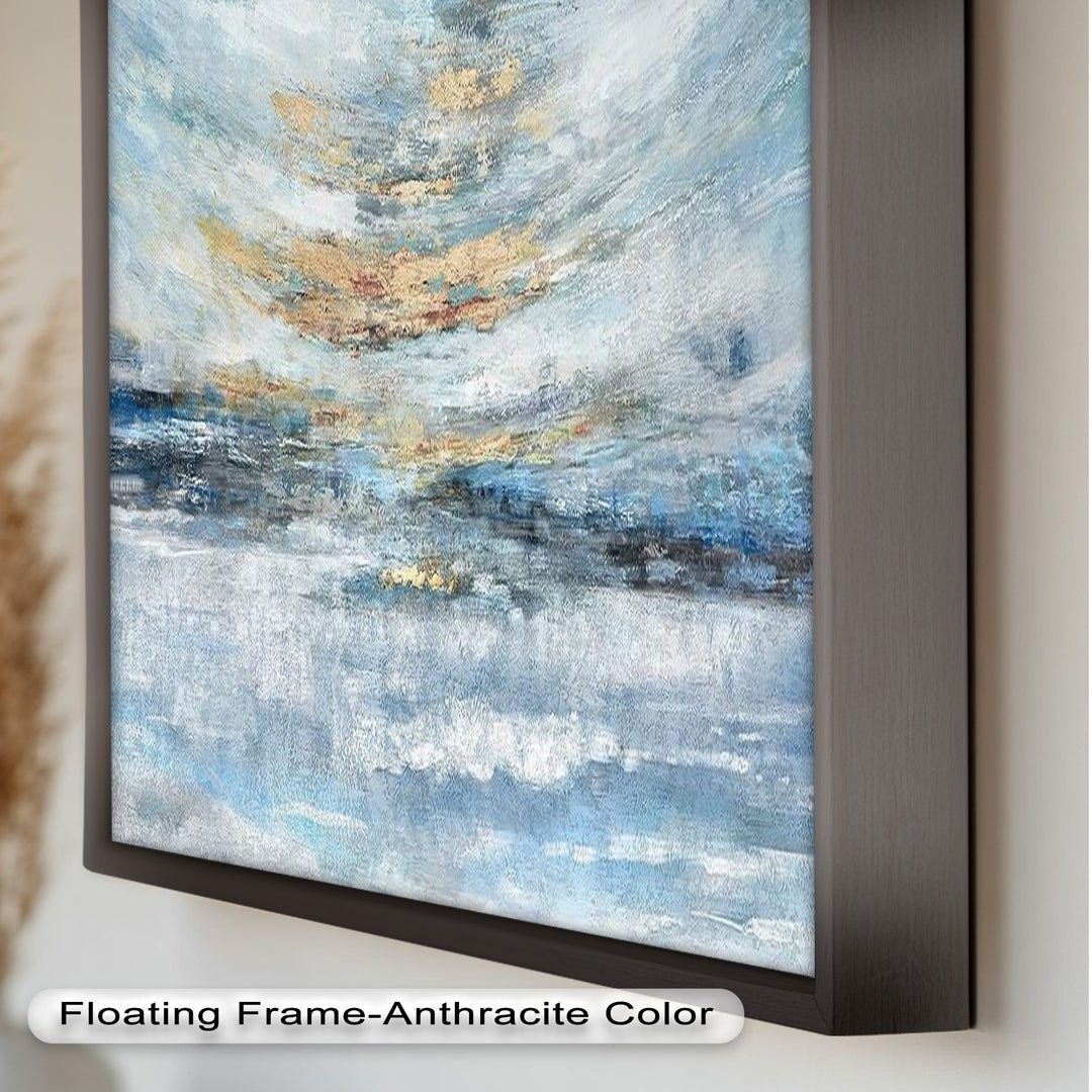 Abstrakte blaue gerahmte Kunst – Modernes expressionistisches Ölgemälde
