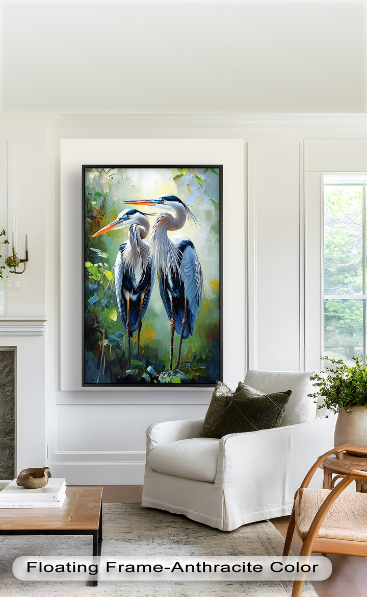 Pair of Herons in Forest Light – Animal Oil Painting